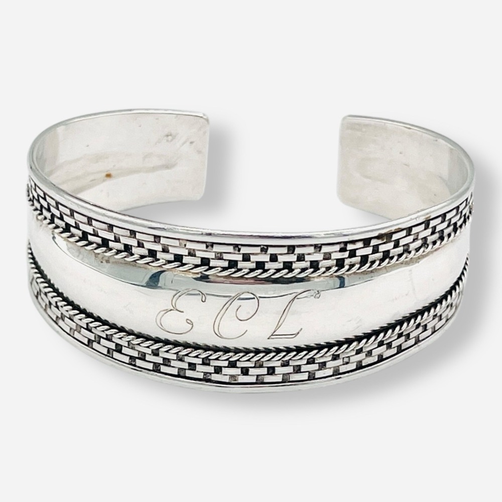 Sterling Silver Vintage Cuff‎ Bracelet Bali Monogram ECL 18.9g Rope Edge